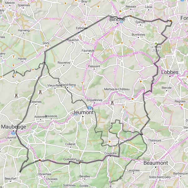 Karten-Miniaturansicht der Radinspiration "Rundfahrt von Anderlues nach Estinnes" in Prov. Hainaut, Belgium. Erstellt vom Tarmacs.app-Routenplaner für Radtouren