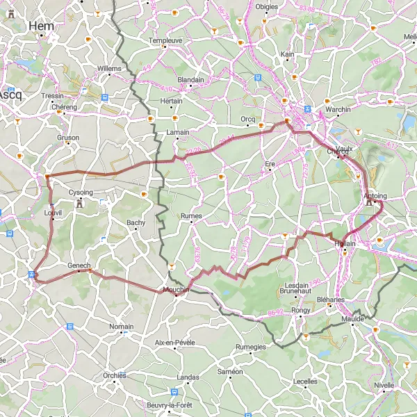 Map miniature of "Antoing - Wez-Velvain - Genech - Louvil - Vue sur la bataille de Bouvines - Tournai - Antoing" cycling inspiration in Prov. Hainaut, Belgium. Generated by Tarmacs.app cycling route planner