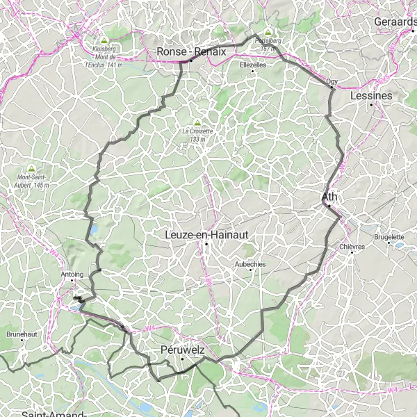 Map miniature of "Antoing - Melles - Dergneau - Pottelberg - Ogy - Château Malaise - Bon-Secours - Wiers" cycling inspiration in Prov. Hainaut, Belgium. Generated by Tarmacs.app cycling route planner