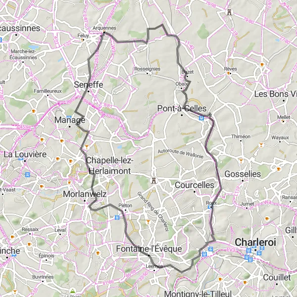 Karten-Miniaturansicht der Radinspiration "Rundfahrt von Arquennes nach Pont-à-Celles" in Prov. Hainaut, Belgium. Erstellt vom Tarmacs.app-Routenplaner für Radtouren