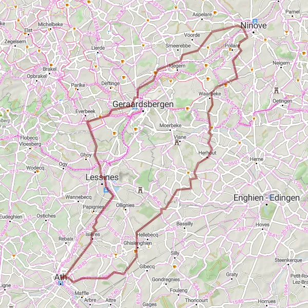 Miniatuurkaart van de fietsinspiratie "Gravelroute vanuit Ath naar Château Burbant" in Prov. Hainaut, Belgium. Gemaakt door de Tarmacs.app fietsrouteplanner