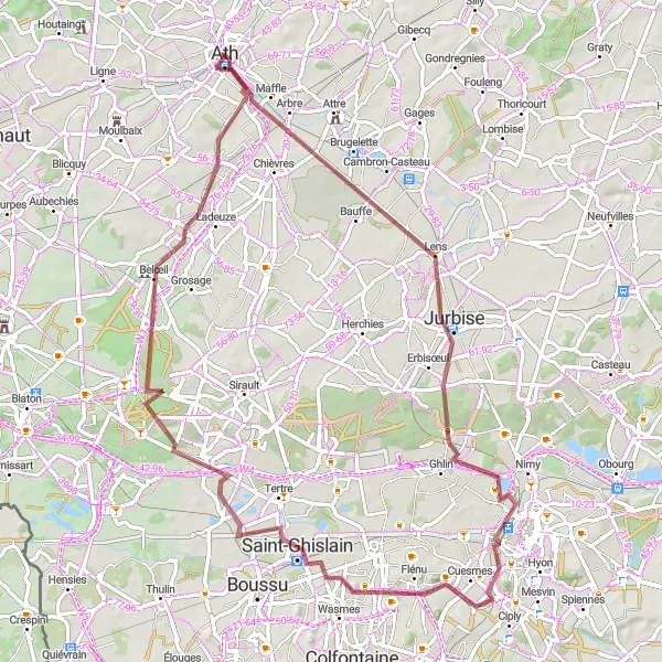 Karten-Miniaturansicht der Radinspiration "Gravelrunde von Maffle nach Mons" in Prov. Hainaut, Belgium. Erstellt vom Tarmacs.app-Routenplaner für Radtouren