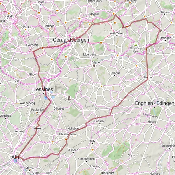 Miniatuurkaart van de fietsinspiratie "Gravelroute vanuit Ath via Geraardsbergen en Château Burbant" in Prov. Hainaut, Belgium. Gemaakt door de Tarmacs.app fietsrouteplanner