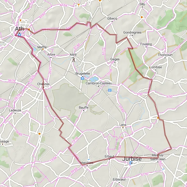 Miniatuurkaart van de fietsinspiratie "Pittoreske gravelroute rond Ath" in Prov. Hainaut, Belgium. Gemaakt door de Tarmacs.app fietsrouteplanner