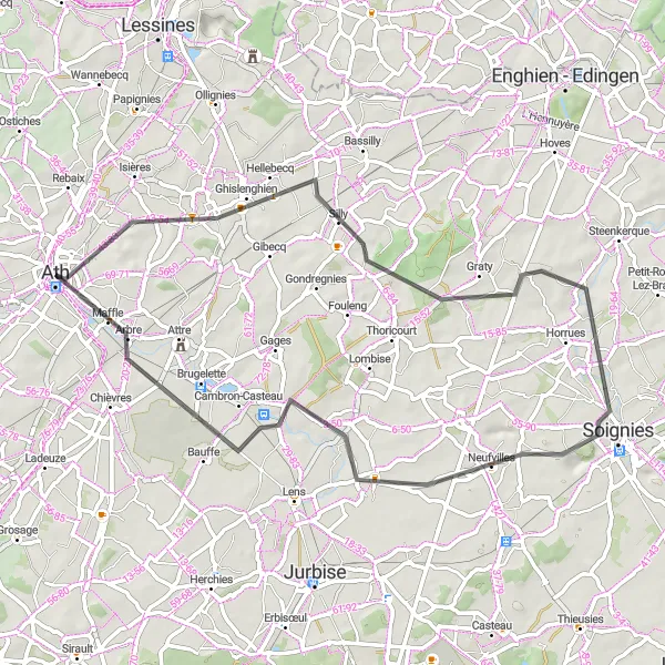 Miniature de la carte de l'inspiration cycliste "Boucle de Ghislenghien" dans la Prov. Hainaut, Belgium. Générée par le planificateur d'itinéraire cycliste Tarmacs.app