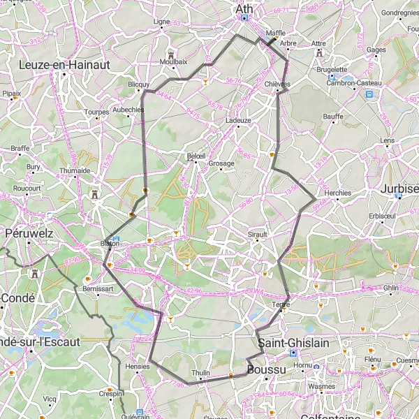 Karten-Miniaturansicht der Radinspiration "Rundfahrt von Chièvres nach Maffle" in Prov. Hainaut, Belgium. Erstellt vom Tarmacs.app-Routenplaner für Radtouren