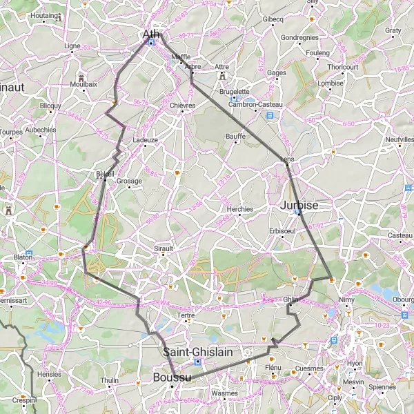Karten-Miniaturansicht der Radinspiration "Straßenrundtour durch Maffle und Quaregnon" in Prov. Hainaut, Belgium. Erstellt vom Tarmacs.app-Routenplaner für Radtouren