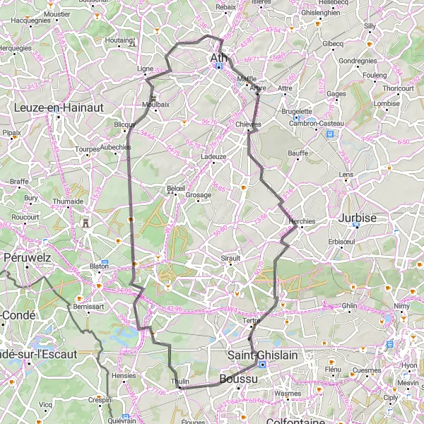 Map miniature of "Ath - Ligne Road Loop" cycling inspiration in Prov. Hainaut, Belgium. Generated by Tarmacs.app cycling route planner