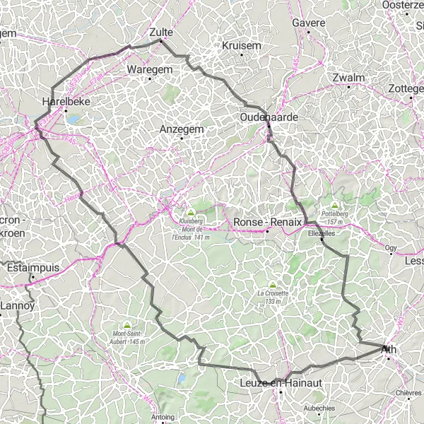 Map miniature of "Leuze-en-Hainaut - Mainvault Road Loop" cycling inspiration in Prov. Hainaut, Belgium. Generated by Tarmacs.app cycling route planner