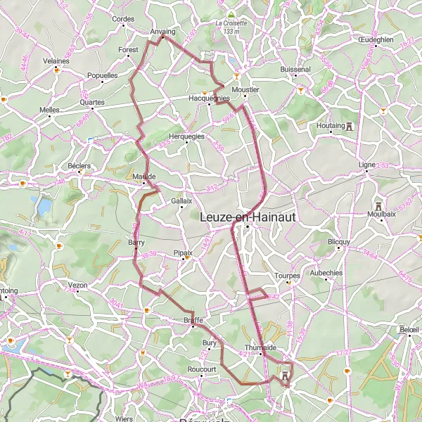 Miniatuurkaart van de fietsinspiratie "Gravelavontuur in de omgeving van Basècles" in Prov. Hainaut, Belgium. Gemaakt door de Tarmacs.app fietsrouteplanner