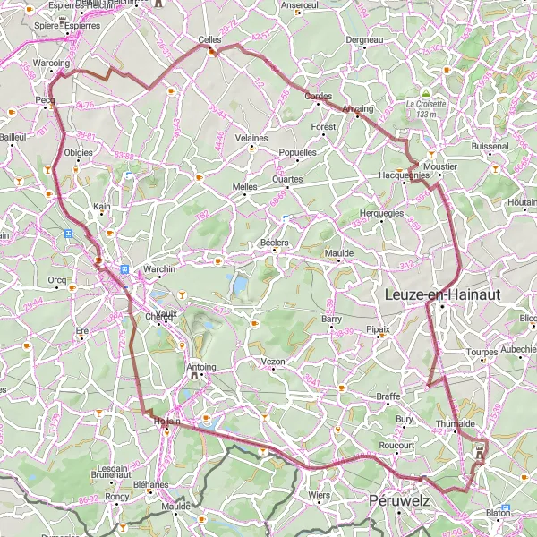 Map miniature of "Rural Hinterland" cycling inspiration in Prov. Hainaut, Belgium. Generated by Tarmacs.app cycling route planner
