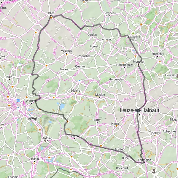 Miniatuurkaart van de fietsinspiratie "Uitdagende route naar Molenbaix en Moustier" in Prov. Hainaut, Belgium. Gemaakt door de Tarmacs.app fietsrouteplanner