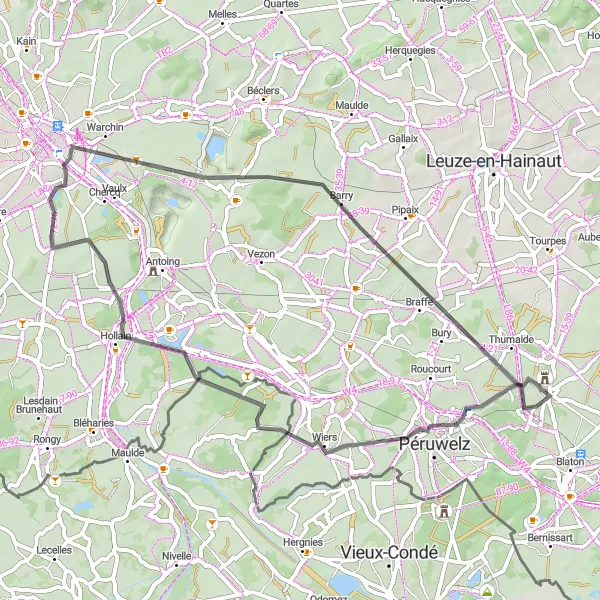 Karten-Miniaturansicht der Radinspiration "Rundfahrt durch Hainaut" in Prov. Hainaut, Belgium. Erstellt vom Tarmacs.app-Routenplaner für Radtouren