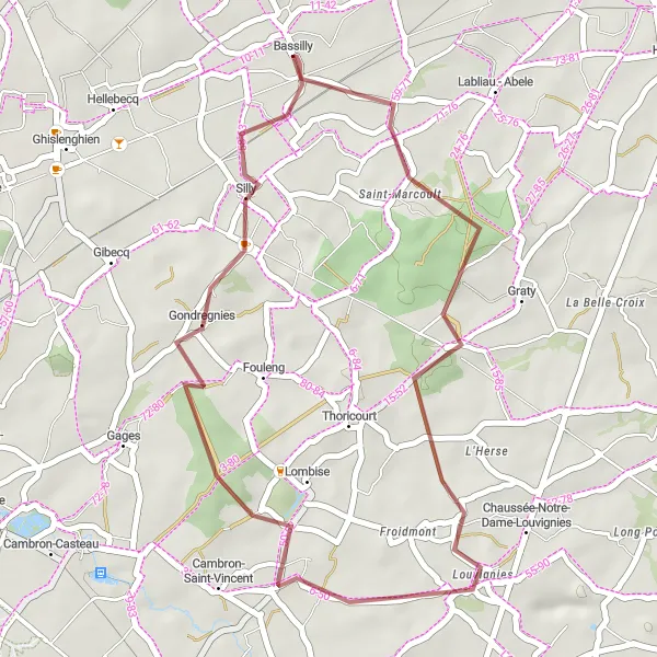 Map miniature of "Bassilly Gravel Route" cycling inspiration in Prov. Hainaut, Belgium. Generated by Tarmacs.app cycling route planner