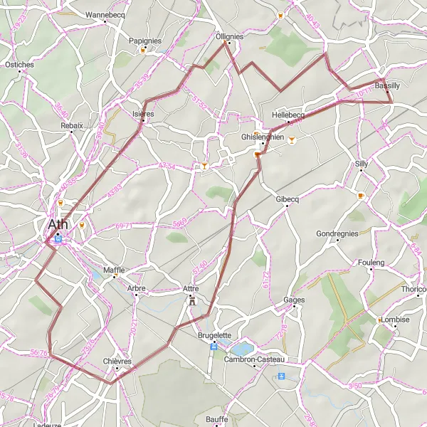 Map miniature of "Scenic Gravel Tour to Ath" cycling inspiration in Prov. Hainaut, Belgium. Generated by Tarmacs.app cycling route planner