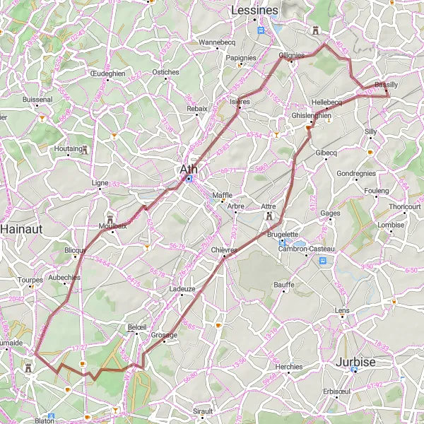 Miniatuurkaart van de fietsinspiratie "Gravelroute naar Bassilly via Moulbaix en Ath" in Prov. Hainaut, Belgium. Gemaakt door de Tarmacs.app fietsrouteplanner