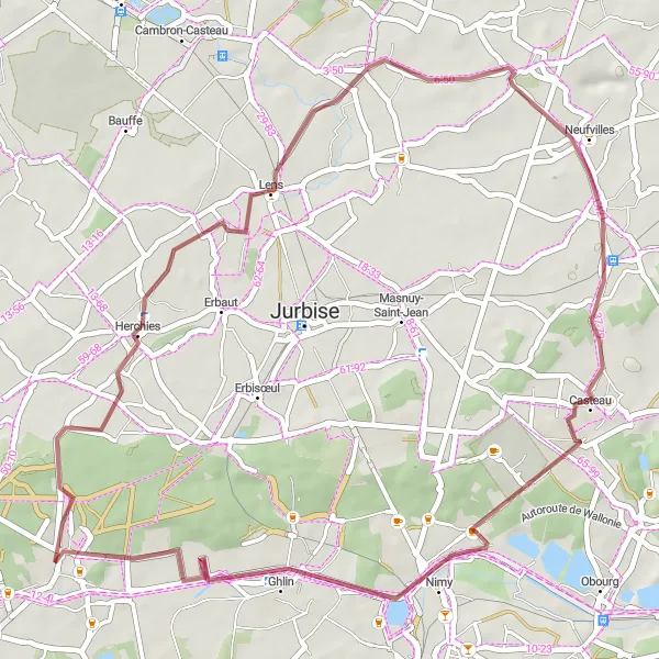 Karten-Miniaturansicht der Radinspiration "Gravel Route: Baudour - Neufvilles" in Prov. Hainaut, Belgium. Erstellt vom Tarmacs.app-Routenplaner für Radtouren