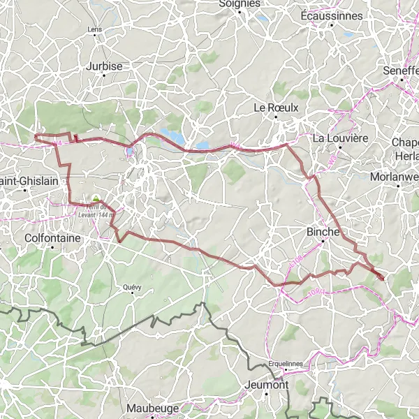 Map miniature of "Gravel Discoveries in Quaregnon" cycling inspiration in Prov. Hainaut, Belgium. Generated by Tarmacs.app cycling route planner