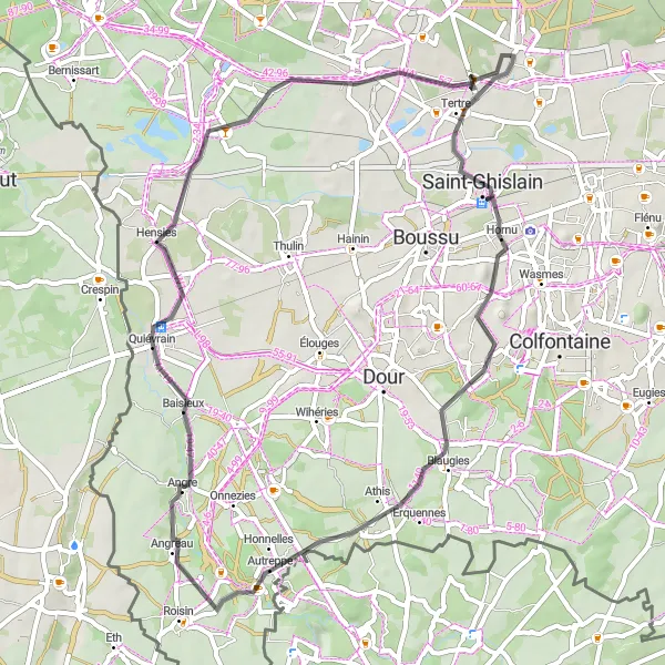 Miniatuurkaart van de fietsinspiratie "Ontdek de omgeving van Hornu en Hensies" in Prov. Hainaut, Belgium. Gemaakt door de Tarmacs.app fietsrouteplanner