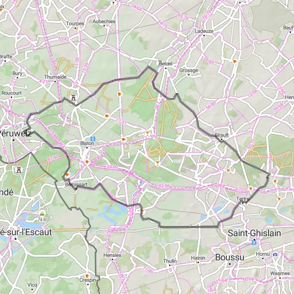 Map miniature of "Baudour to Sirault Loop" cycling inspiration in Prov. Hainaut, Belgium. Generated by Tarmacs.app cycling route planner