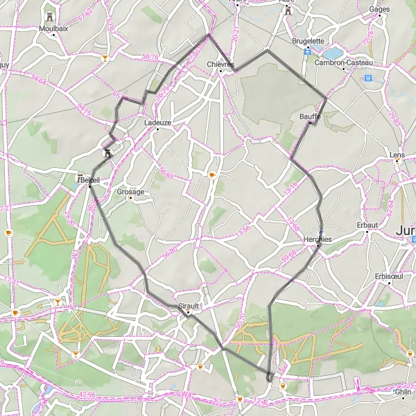 Miniature de la carte de l'inspiration cycliste "Boucle cyclable sur route vers Belœil" dans la Prov. Hainaut, Belgium. Générée par le planificateur d'itinéraire cycliste Tarmacs.app