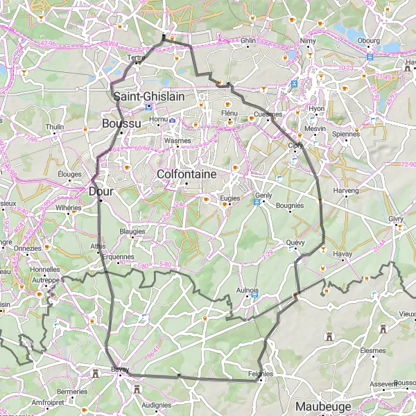 Map miniature of "Exploring Mons" cycling inspiration in Prov. Hainaut, Belgium. Generated by Tarmacs.app cycling route planner
