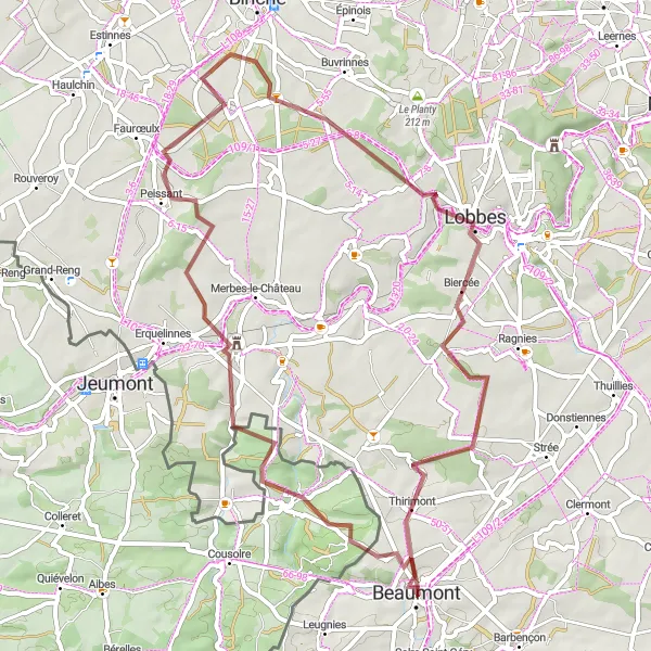 Karten-Miniaturansicht der Radinspiration "Gravel-Radtour von Beaumont nach Bousignies-sur-Roc" in Prov. Hainaut, Belgium. Erstellt vom Tarmacs.app-Routenplaner für Radtouren