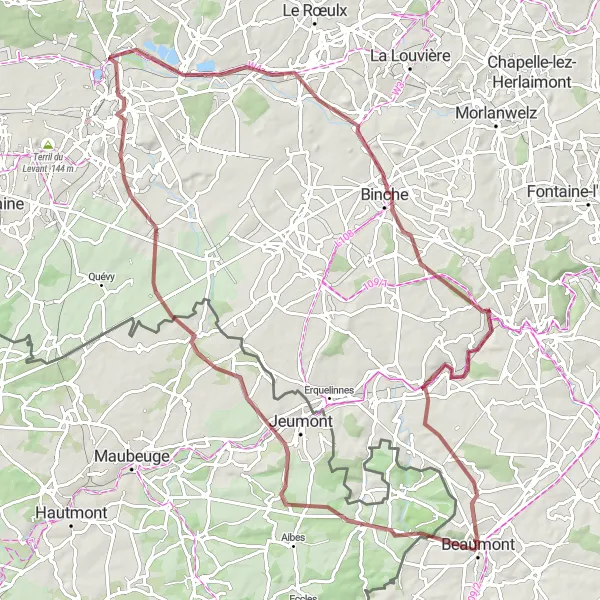Karten-Miniaturansicht der Radinspiration "Gravel-Radtour von Beaumont nach Mons" in Prov. Hainaut, Belgium. Erstellt vom Tarmacs.app-Routenplaner für Radtouren