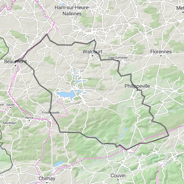 Miniature de la carte de l'inspiration cycliste "Les Charmes de l'Hainaut Oriental" dans la Prov. Hainaut, Belgium. Générée par le planificateur d'itinéraire cycliste Tarmacs.app