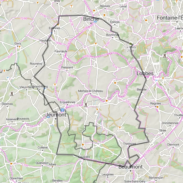 Karten-Miniaturansicht der Radinspiration "Rundfahrt von Beaumont nach Leers-et-Fosteau und zurück" in Prov. Hainaut, Belgium. Erstellt vom Tarmacs.app-Routenplaner für Radtouren