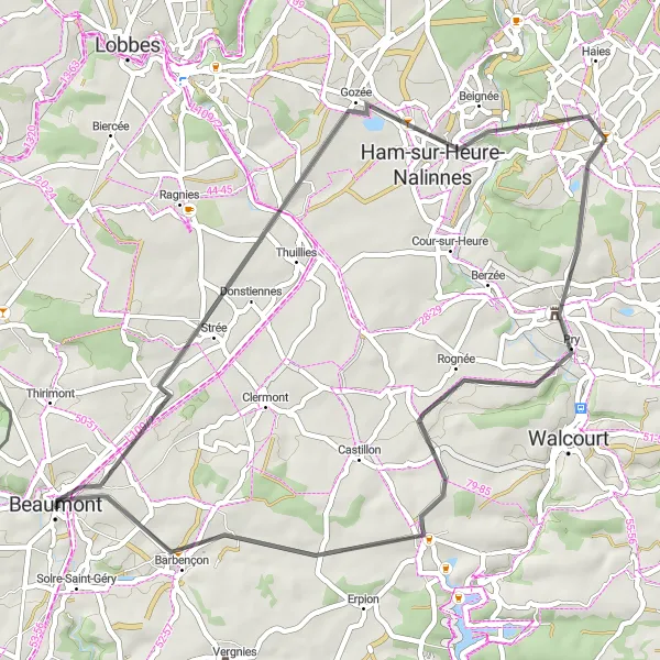 Karten-Miniaturansicht der Radinspiration "Schlossroute durch Strée und Barbençon" in Prov. Hainaut, Belgium. Erstellt vom Tarmacs.app-Routenplaner für Radtouren