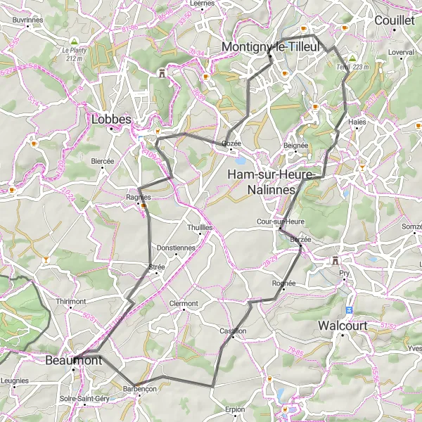 Map miniature of "Ragnies Loop" cycling inspiration in Prov. Hainaut, Belgium. Generated by Tarmacs.app cycling route planner