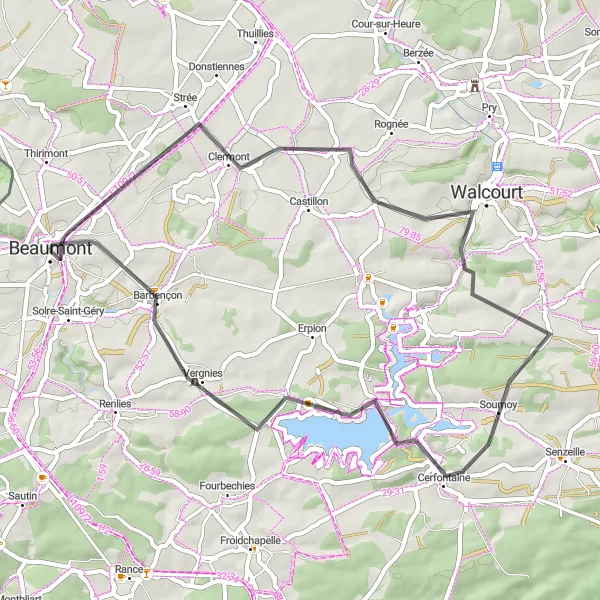 Miniature de la carte de l'inspiration cycliste "Boucle Beaumont - Clermont" dans la Prov. Hainaut, Belgium. Générée par le planificateur d'itinéraire cycliste Tarmacs.app