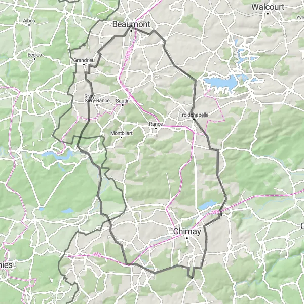 Map miniature of "Froidchapelle and Sivry-Rance Loop" cycling inspiration in Prov. Hainaut, Belgium. Generated by Tarmacs.app cycling route planner