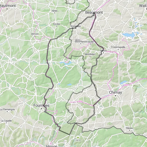 Map miniature of "Rural Beaumont and Solre-le-Château Circuit" cycling inspiration in Prov. Hainaut, Belgium. Generated by Tarmacs.app cycling route planner