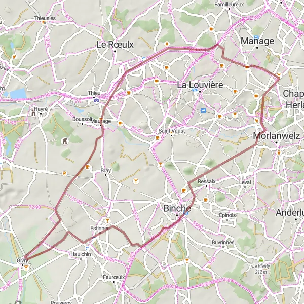 Map miniature of "Morlanwelz-Mariemont and Vellereille-le-Sec Gravel Route" cycling inspiration in Prov. Hainaut, Belgium. Generated by Tarmacs.app cycling route planner