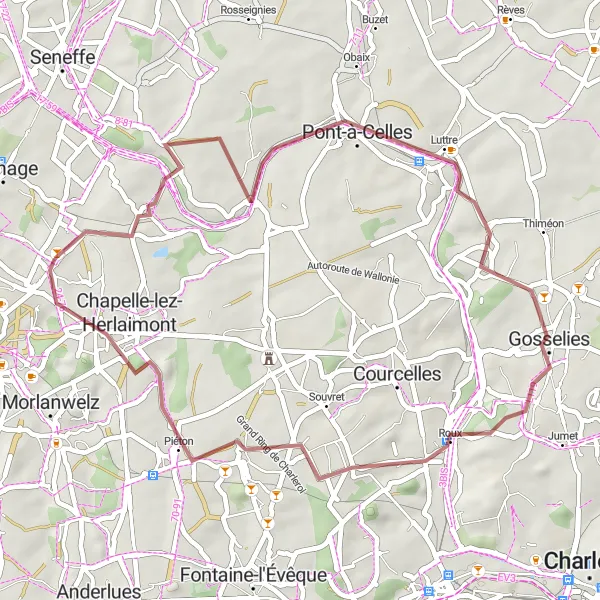 Map miniature of "Godarville and Chapelle-lez-Herlaimont Gravel Route" cycling inspiration in Prov. Hainaut, Belgium. Generated by Tarmacs.app cycling route planner