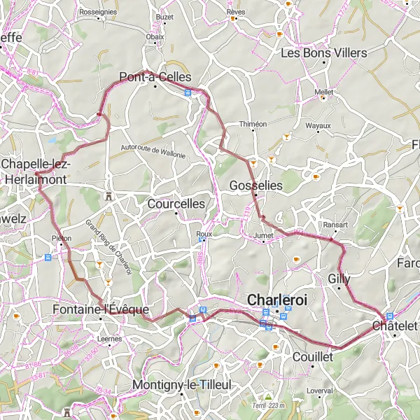 Miniatuurkaart van de fietsinspiratie "Gravelroute vanuit Bellecourt naar Chapelle-lez-Herlaimont" in Prov. Hainaut, Belgium. Gemaakt door de Tarmacs.app fietsrouteplanner