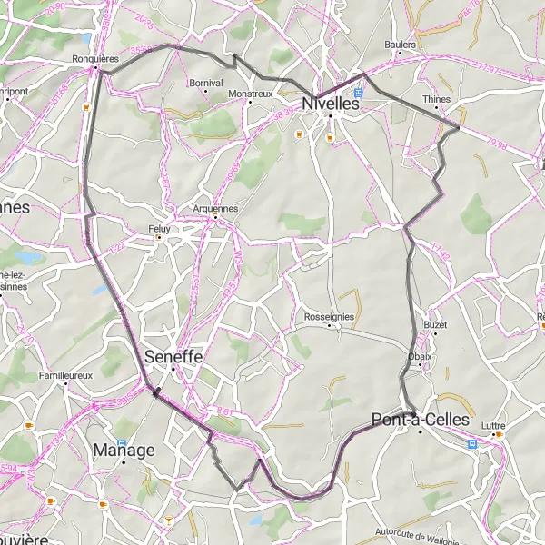 Map miniature of "Seneffe and Nivelles Road Route" cycling inspiration in Prov. Hainaut, Belgium. Generated by Tarmacs.app cycling route planner