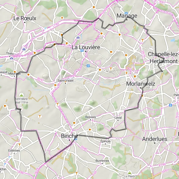 Map miniature of "Hidden Gems Explorer" cycling inspiration in Prov. Hainaut, Belgium. Generated by Tarmacs.app cycling route planner