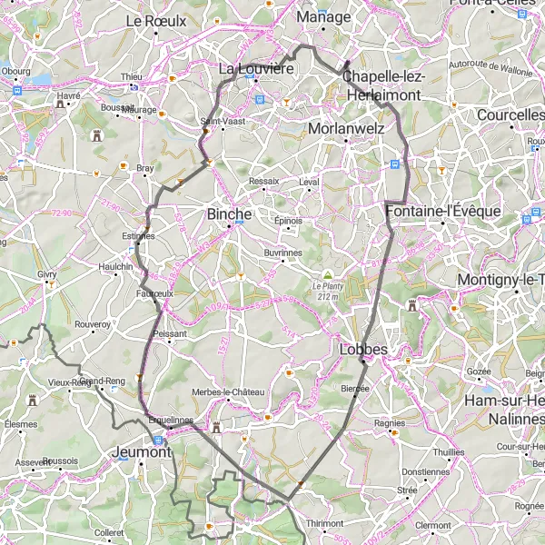 Karten-Miniaturansicht der Radinspiration "Hainaut Panorama" in Prov. Hainaut, Belgium. Erstellt vom Tarmacs.app-Routenplaner für Radtouren