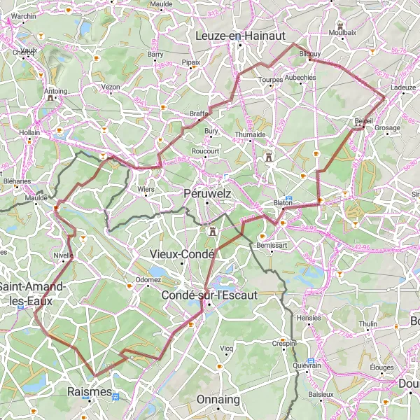 Map miniature of "Beloeil and the Surrounding Gravel Delights" cycling inspiration in Prov. Hainaut, Belgium. Generated by Tarmacs.app cycling route planner