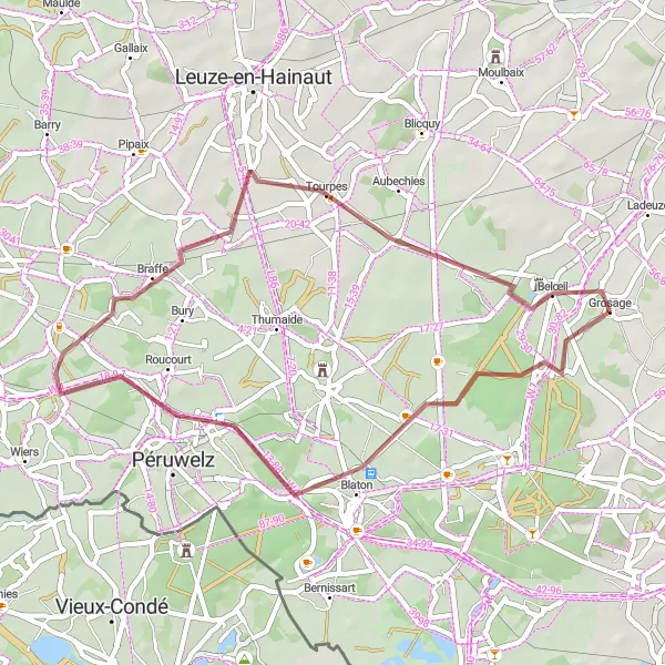 Miniatuurkaart van de fietsinspiratie "Gravelroute Beloeil - Grosage" in Prov. Hainaut, Belgium. Gemaakt door de Tarmacs.app fietsrouteplanner