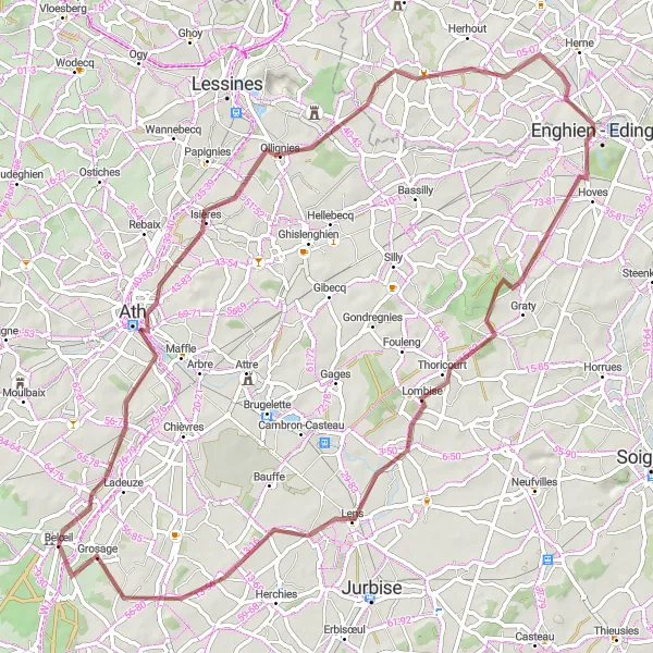 Karten-Miniaturansicht der Radinspiration "Graveltour von Ath nach Enghien" in Prov. Hainaut, Belgium. Erstellt vom Tarmacs.app-Routenplaner für Radtouren