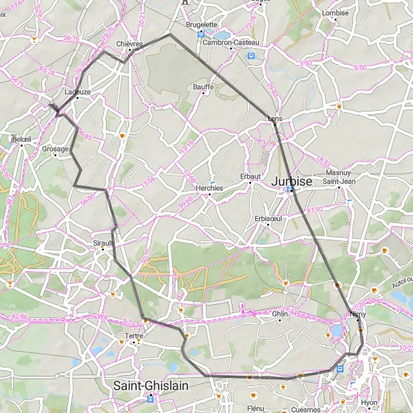 Karten-Miniaturansicht der Radinspiration "Beloeil - Chièvres - Nimy - Jemappes - Neufmaison - Huissignies" in Prov. Hainaut, Belgium. Erstellt vom Tarmacs.app-Routenplaner für Radtouren