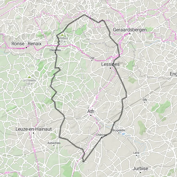 Miniature de la carte de l'inspiration cycliste "Parcours vallonné à travers la campagne belge" dans la Prov. Hainaut, Belgium. Générée par le planificateur d'itinéraire cycliste Tarmacs.app