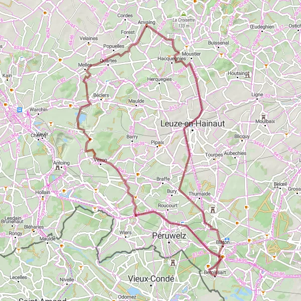Map miniature of "Gravel Adventure: Brasmenil and Gaurain-Ramecroix" cycling inspiration in Prov. Hainaut, Belgium. Generated by Tarmacs.app cycling route planner