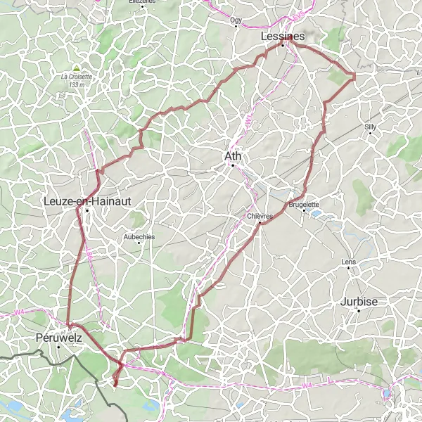 Karten-Miniaturansicht der Radinspiration "Graveltour durch Leuze-en-Hainaut und Mévergnies-lez-Lens" in Prov. Hainaut, Belgium. Erstellt vom Tarmacs.app-Routenplaner für Radtouren