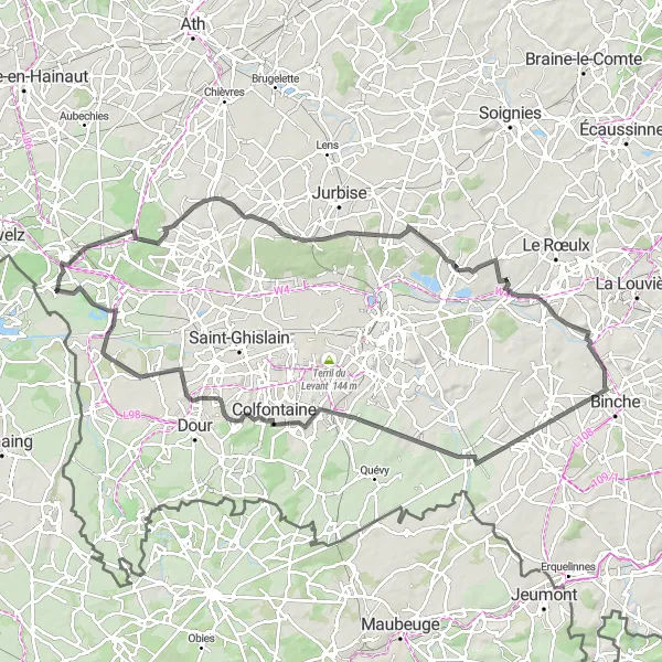 Map miniature of "Challenging Hills: Mont de la Justice and Warquignies" cycling inspiration in Prov. Hainaut, Belgium. Generated by Tarmacs.app cycling route planner