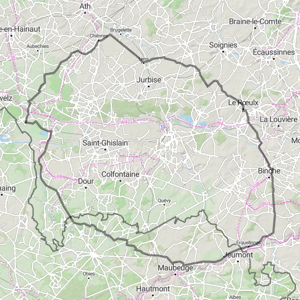 Miniatuurkaart van de fietsinspiratie "128 km Road Bernissart Route" in Prov. Hainaut, Belgium. Gemaakt door de Tarmacs.app fietsrouteplanner